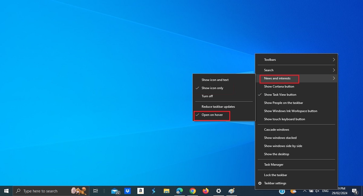 a screenshot disabling hover on news and interest widget in windows 10