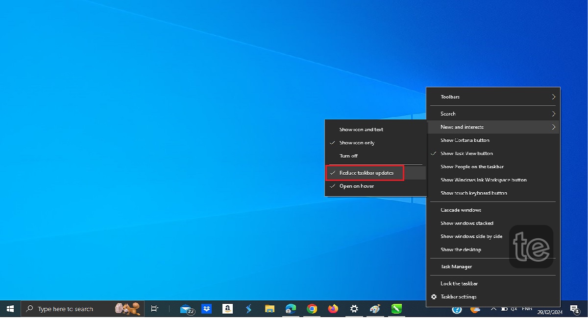 a screenshot reducing taskbar update in windows 10