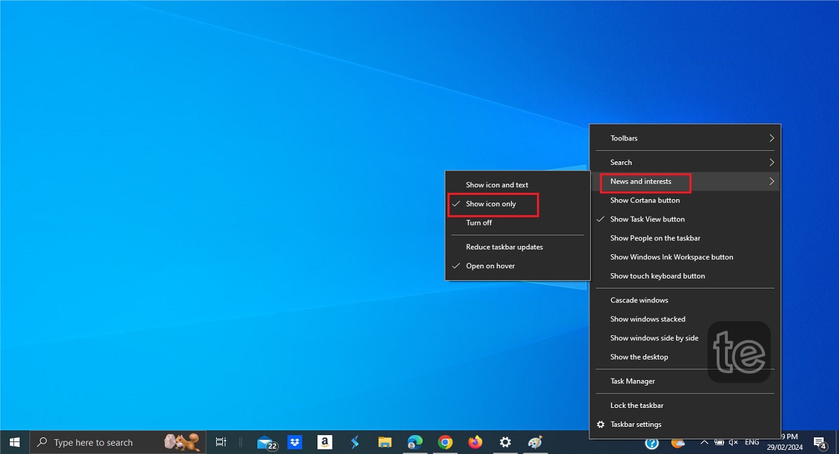 a screenshot selecting show only icon on news and interest widget in windows 10