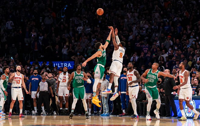 Barrett measures out a 3-pointer giving the NY Knicks a 108-105 comeback victory over the Boston Celtics