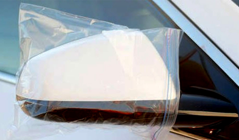 Ziplock bag on car mirror 2