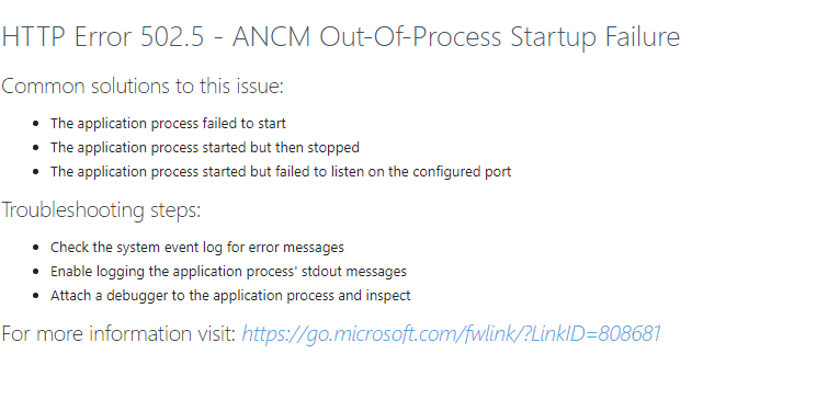 Http Error 502.5 - Ancm Out-Of-Process Startup Failure