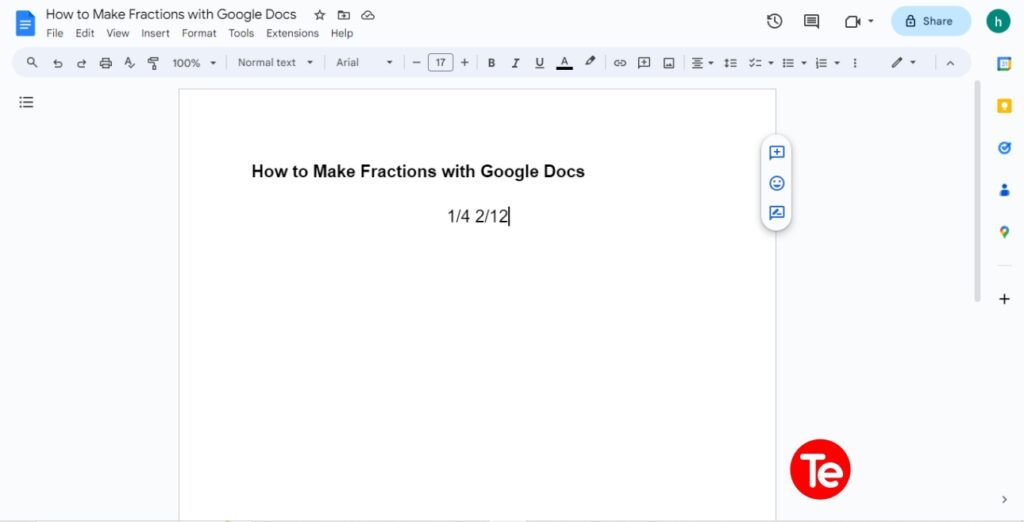 Inserting 1/4 and 2/12 fractions in Google Docs manually