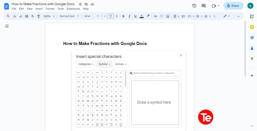 Inserting fractions in Google Docs using special characters feature
