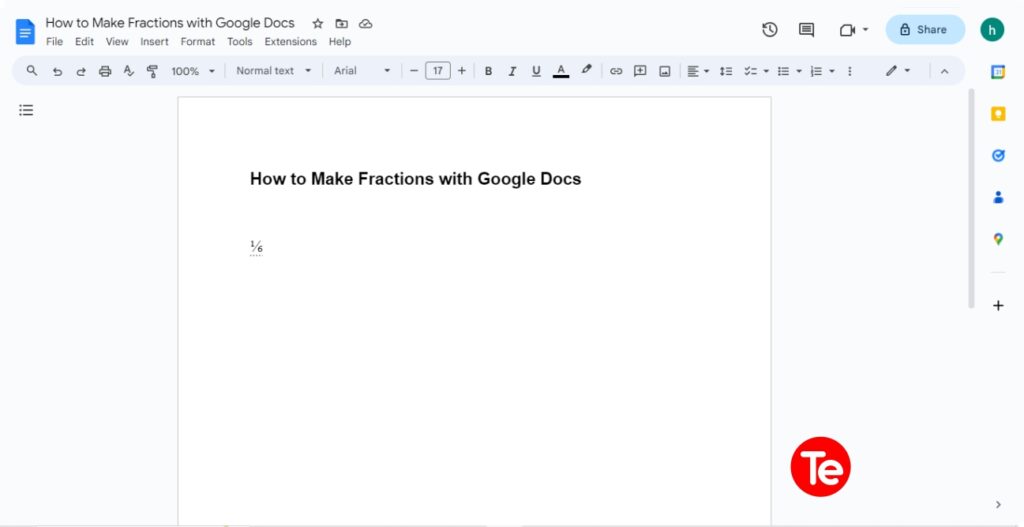 1/6 fraction made automatically with Google Docs