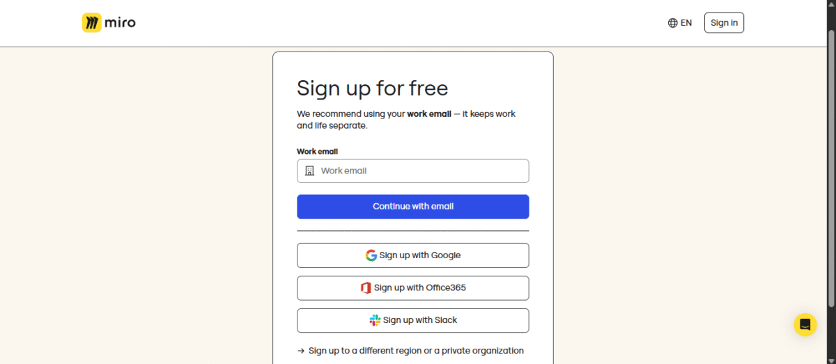 A screenshot of Miro board's signup page