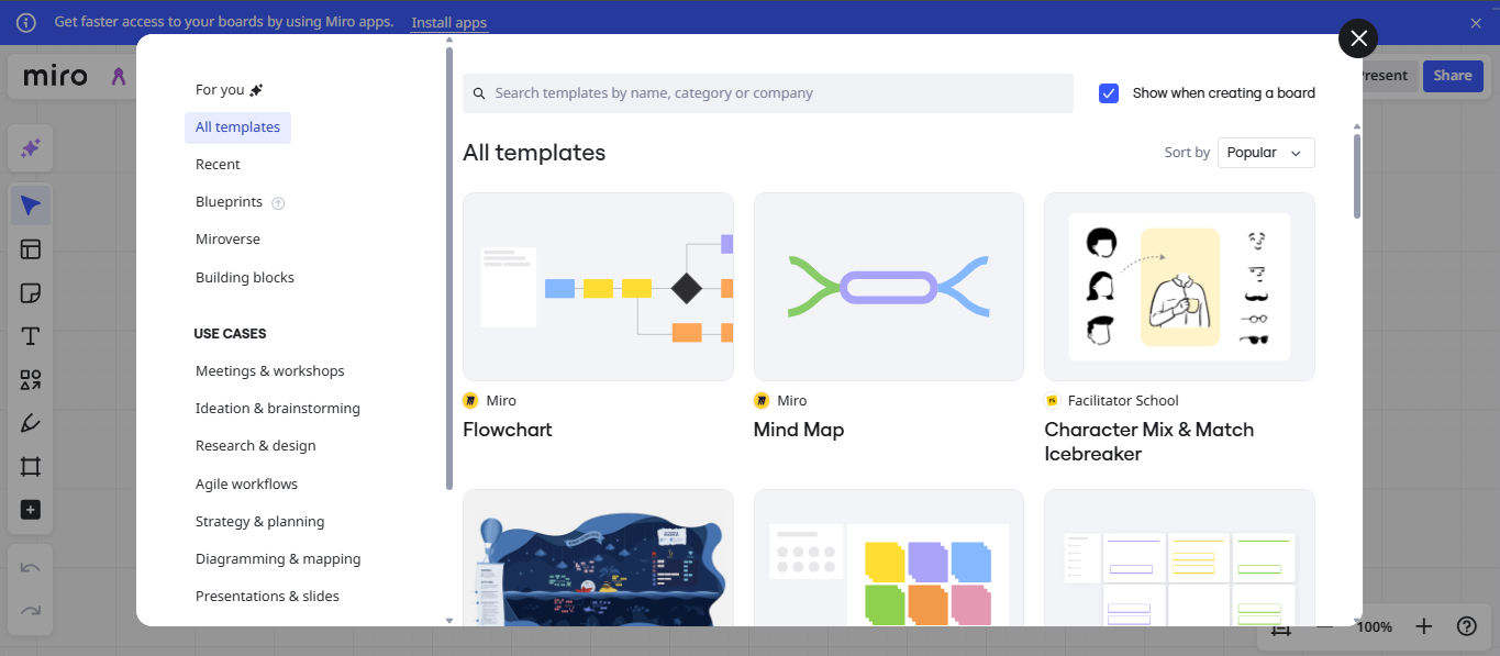A screenshot of Miro choose a template section