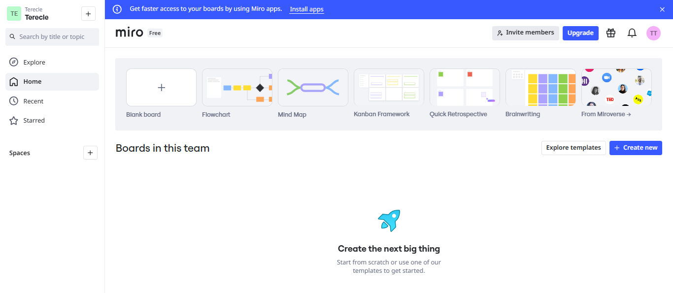 A screenshot of Miro create new or blank board