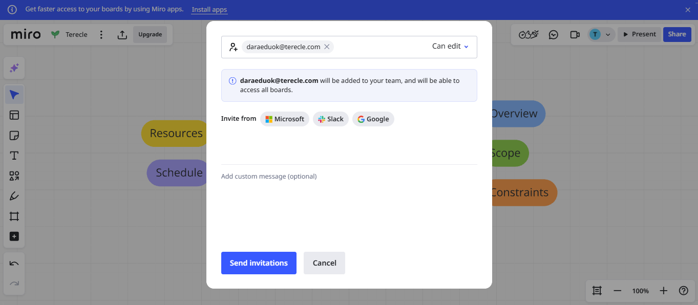 A screenshot of Miro inviting team 3