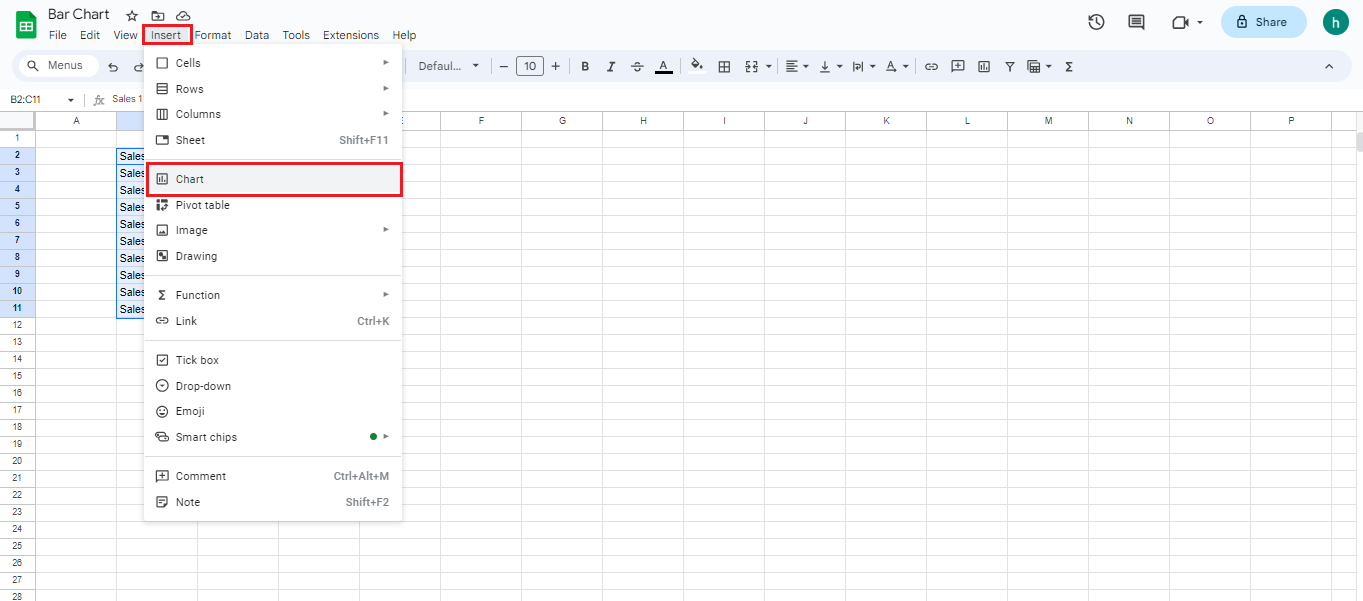 Click insert and click on charts in Google sheets