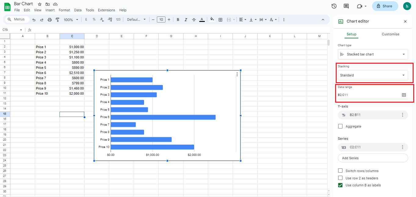 How to make a stacked bar chart in Google Sheets